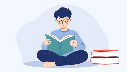 Boy Reading Book Relaxed Pose Illustration