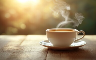Obraz premium Steaming coffee cup on wooden table at sunrise.