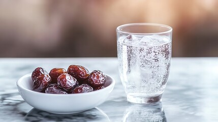 Dates and glass of water copy space Iftar food concept