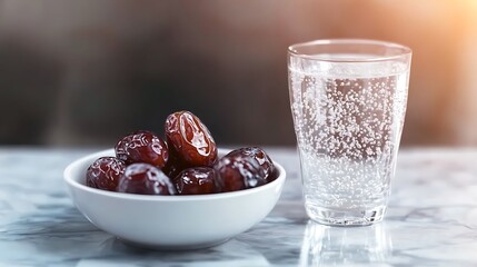 Dates and glass of water copy space Iftar food concept