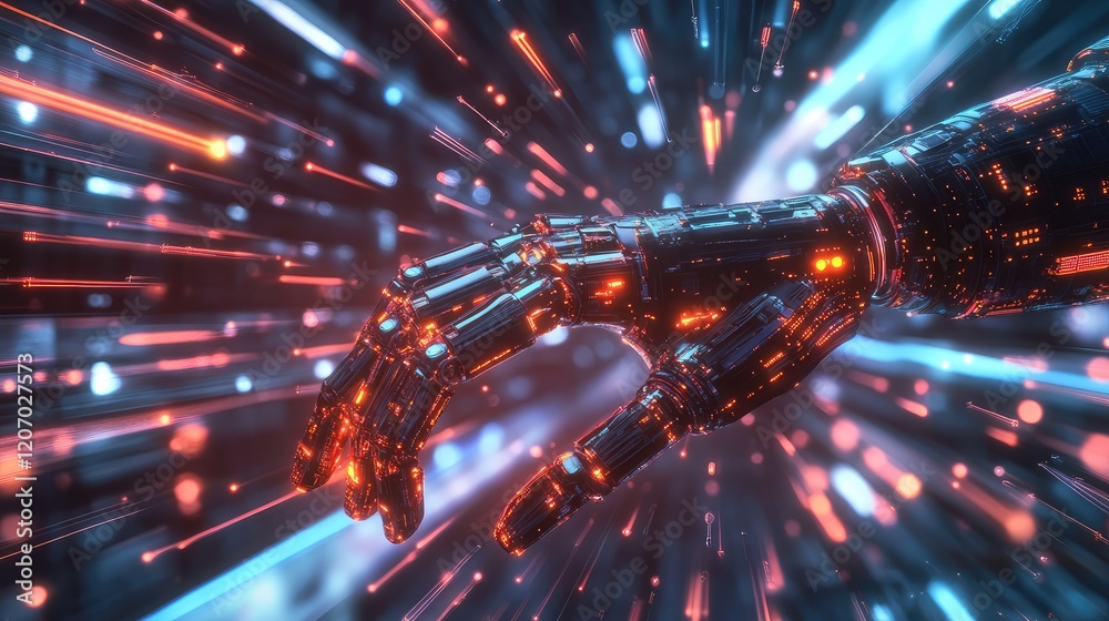 Poster d futuristic robot arm glowing with circuits, set in a clean digital environment with abstract light