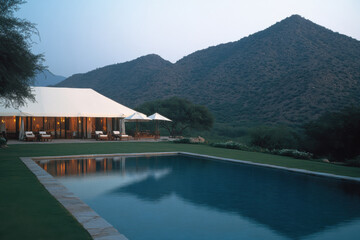 Naklejka premium A large pool with a white tent in the background