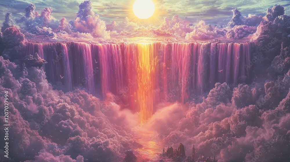 Poster A cascading waterfall that flows in all colors of the rainbow, surrounded by clouds and floating islands.