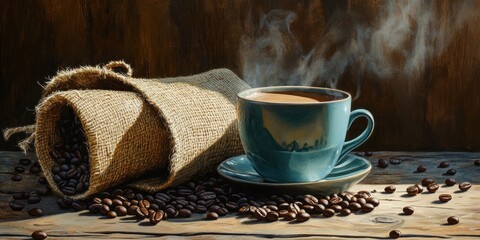 Steaming coffee cup with burlap sack of beans.