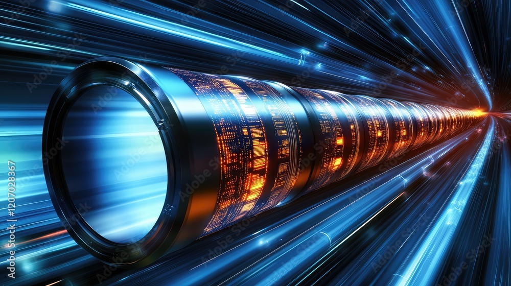 Poster d illustration of digital data streams flowing through glowing pipelines in a futuristic environment
