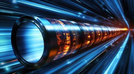 D illustration of digital data streams flowing through glowing pipelines in a futuristic environment, representing analytics processing