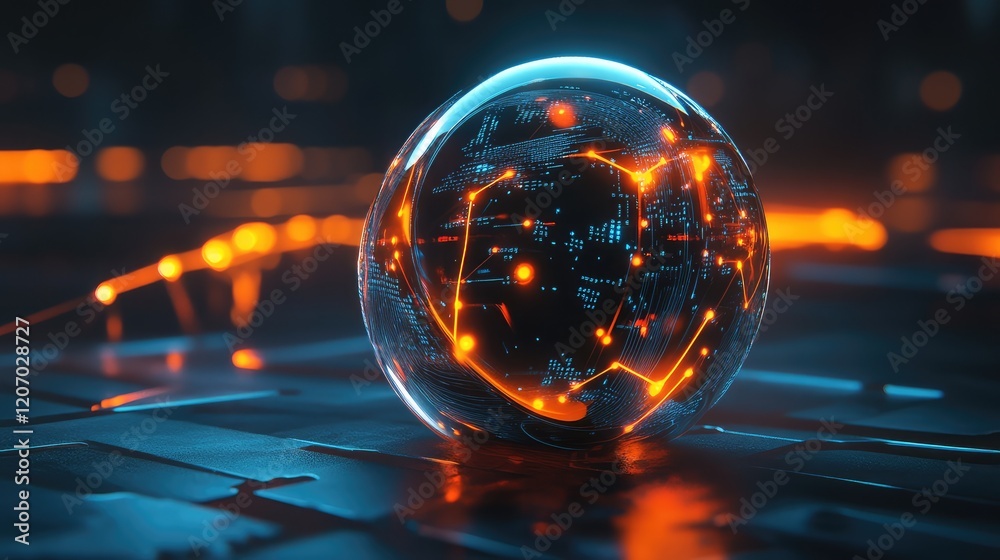 Poster abstract d ai sphere glowing with interconnected nodes, set in a digital environment with futuristic