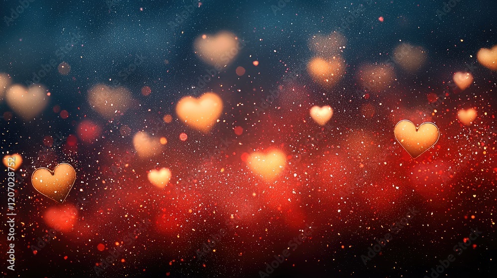Poster red background with lots of small golden blurred bokeh effect hearts.