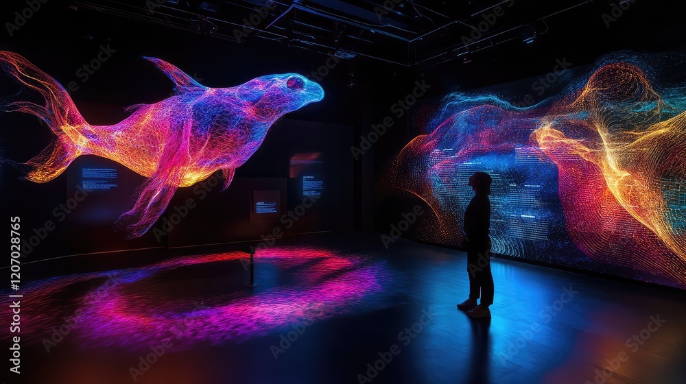 Poster abstract ai-powered visualization of glowing text inputs generating high-resolution holographic visu
