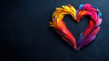 Colorful heart-shaped design made of bright feathers on black background,
