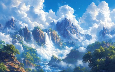 Naklejka premium Bright Sunny Waterfall Cliffs Landscape Artwork