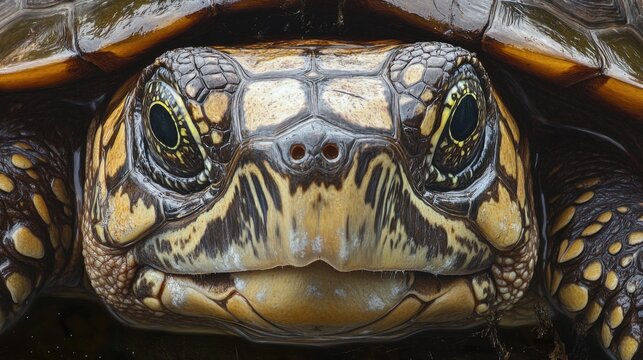 Close-Up Portrait of a Striking Yellow-Eyed  Turtle Reptile in its Natural Habitat