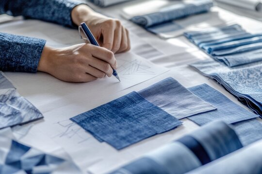 A designer sketches on paper, surrounded by various shades of blue fabric swatches for a fashion project.