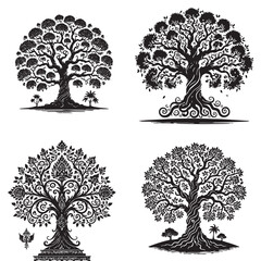 Vector Silhouettes of the Sacred Kalpavriksha Tree in Hindu Mythology Isolated on a White Background"