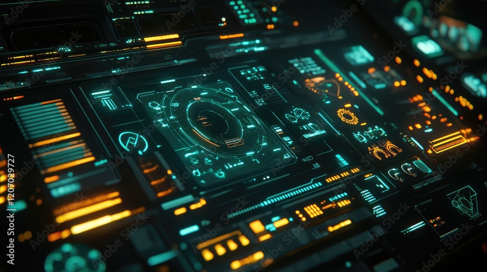 Poster abstract digital interface with glowing interconnected gears and automation icons, representing adva