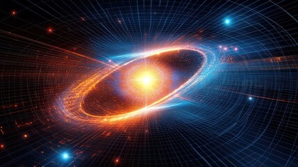 Obraz premium Abstract digital grid glowing with futuristic AI patterns, surrounded by particles and holographic light trails