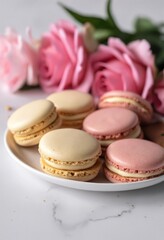 Obraz premium Macaroons with a bouquet of pink flowers on a blurred background