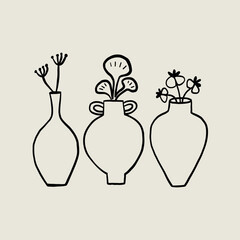 Set Doodle Sketch Vase with Flower and Plant. Whimsical Black Line Collection Different Pottery Clay Pot. Vector Hand Drawn Illustration