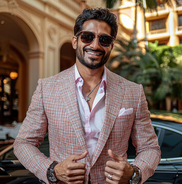 an Indian businessman guy looking very very happy and has lots of money and is rich and in a polished getup with a villa and luxury car.