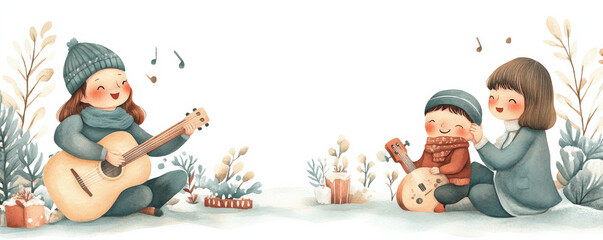 Family singing together, enjoying music with guitar and toy instruments, surrounded by winter scenery and festive decorations, creating joyful memories