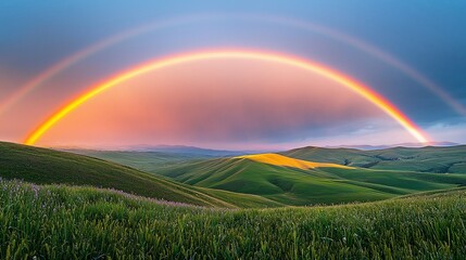 Naklejka premium Double rainbow arching over rolling green hills at sunset.