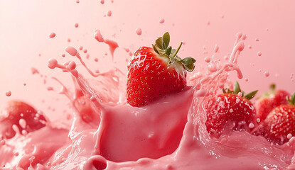 A splash of strawberry milkshake in the air with a pink background