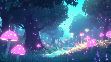 Enchanted Glowing Forest Path: Magical Mushrooms and Fairy Lights