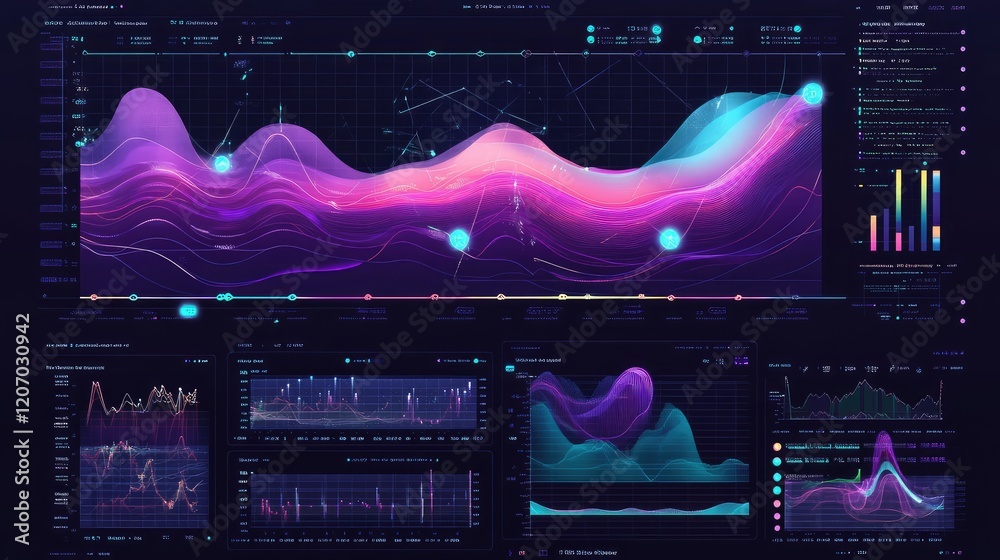 Poster abstract futuristic dashboard with glowing holographic charts and dynamic data streams on a dark bac