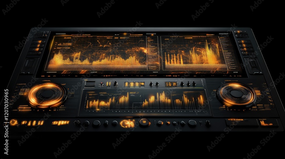 Poster abstract futuristic dashboard with glowing holographic charts and dynamic data streams on a dark bac