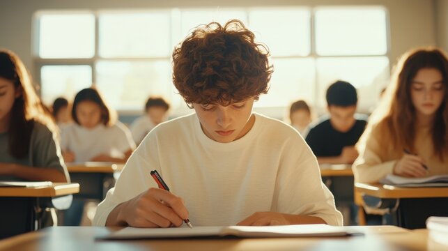 Focused Student in Classroom: A young male student with curly hair intently focuses on writing in his notebook during a classroom exam, surrounded by his classmates.