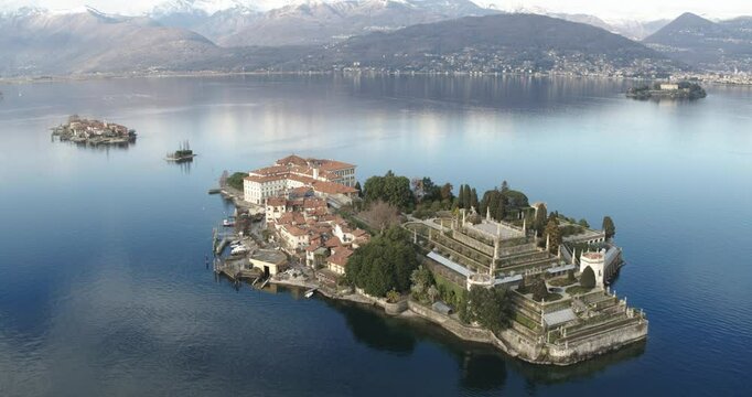 Aerial view of island and mountains, isola Bella, lake Maggiore, Piedmont, Italy