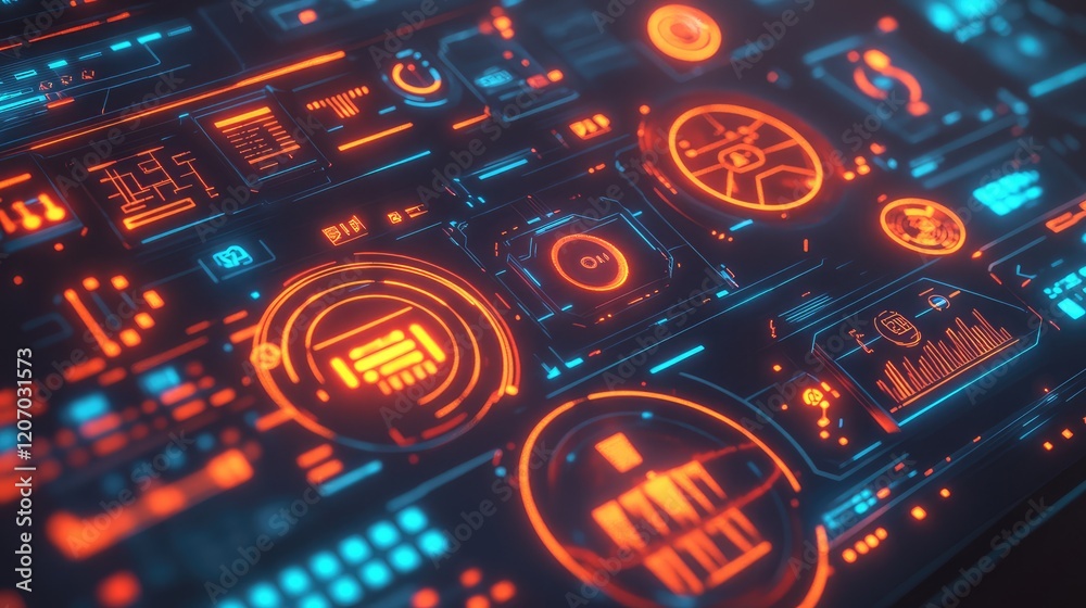 Poster abstract glowing dashboard with automation symbols, data flows, and control patterns in a futuristic