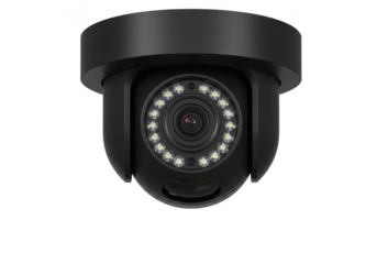 Dome-shaped security camera with infrared LED lights, isolated on white background