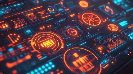 Obraz premium Abstract glowing dashboard with automation symbols, data flows, and control patterns in a futuristic setting