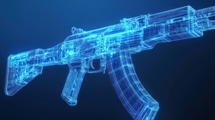 Obraz premium Futuristic neon blue AK-47 hologram. Detailed 3D wireframe model.