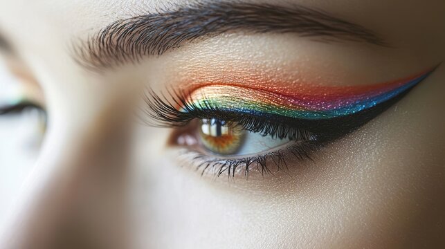 Rainbow Eye Makeup Art Close up of an eye with multi colored eyeliner creating a winged effect, showcasing a bold and colorful makeup style.