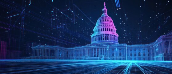 Futuristic neon blue and neon pink digital Capitol Building hologram. Detailed 3D wire frame model.