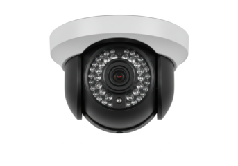 Dome-shaped security camera with infrared LED lights, isolated on white background