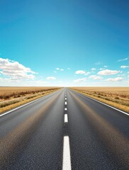 Obraz premium Asphalt road stretches out to meet the eye from beneath a clear blue sky on a sunny day, driving, paving