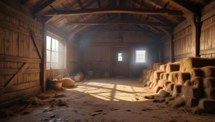 Fototapeta premium An empty stable is filled with the scent of hay and wood smoke, hay, rural decor