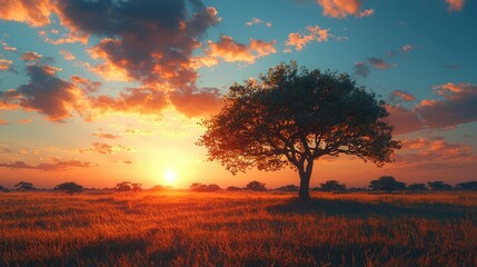 African Savanna Sunset: A Lone Tree Silhouetted Against a Fiery Sky