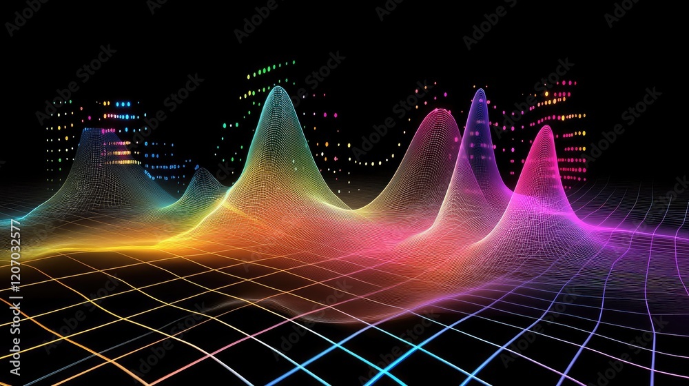 Poster abstract glowing grid with holographic analytics charts and data streams, surrounded by futuristic l