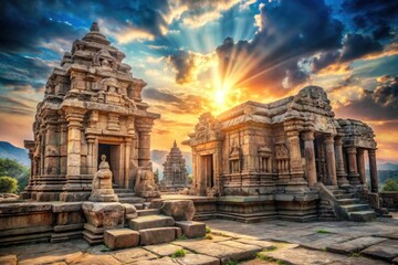 Naklejka premium Ancient ruins with intricate stone carvings and mysterious energy, ruined landscapes, symbolic art, eerie ambiance, mystic designs
