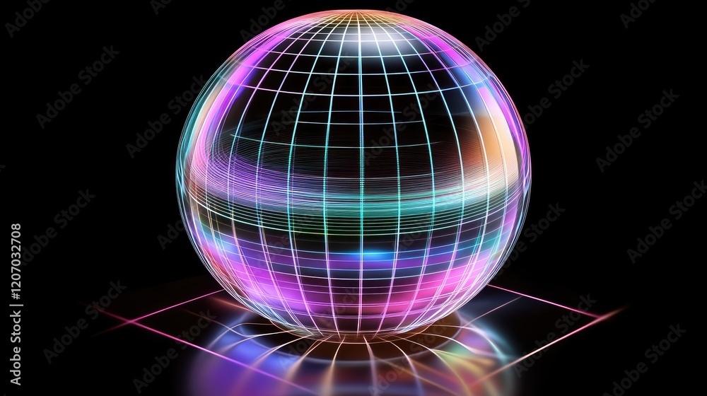 Poster abstract glowing holographic sphere representing text evolving into vibrant visuals with dynamic lig