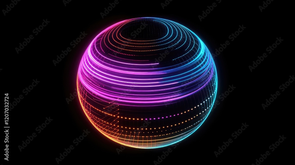 Poster abstract glowing holographic sphere representing text evolving into vibrant visuals with dynamic lig