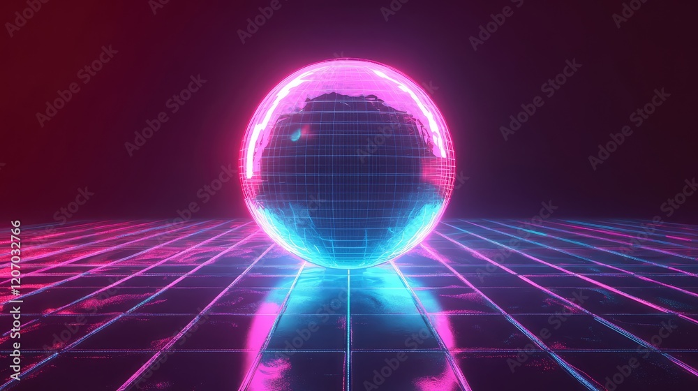 Poster abstract glowing holographic sphere representing text evolving into vibrant visuals with dynamic lig
