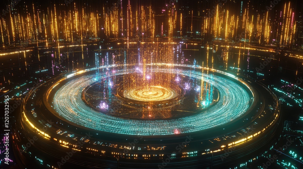 Poster abstract glowing network grid with holographic data analytics displays, surrounded by binary code st