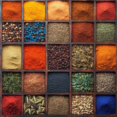 Image of Assorted spices in rustic wooden box. printed on Printed Glass Splashbacks
