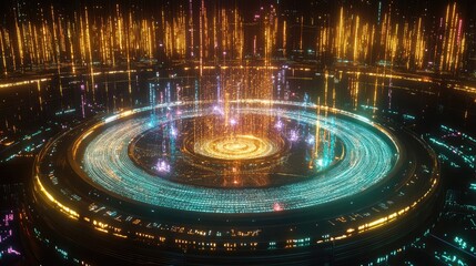 Obraz premium Abstract glowing network grid with holographic data analytics displays, surrounded by binary code streams