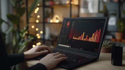 Person analyzing financial data on laptop at night.